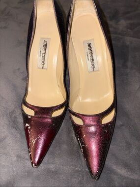 Authentic Jimmy Choo Metallic Wine Pointed-Toe Pumps